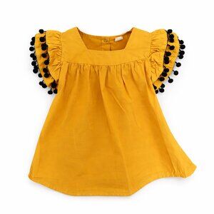 Yellow Baby Girls' A-line Dress Features Pom-Pom Trimmed Flutter Sleeve Sz6-9